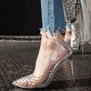 Revolve Steve Madden Luiza Vala Studded Clear Pointed toe Stiletto Heels Silver